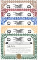 Set of 20 blank Fred Lake™ Stock Certificates & blank Stub Sheets (40 sheets total).  Standard sets come loose (not bound) and prepunched with 3 holes to fit a standard 3-ring binder.